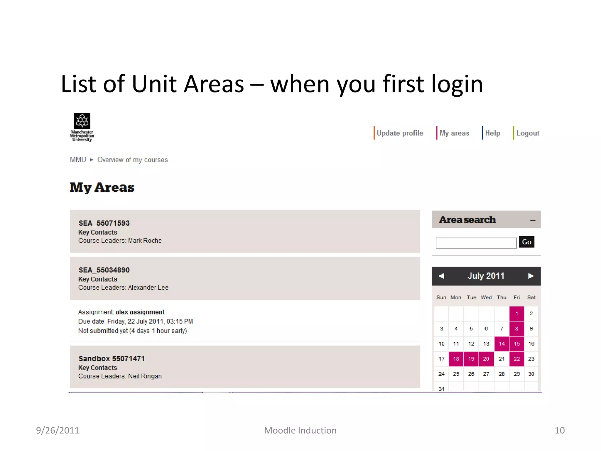 List of Unit Areas – when you first login9/26/2011Moodle Induction10