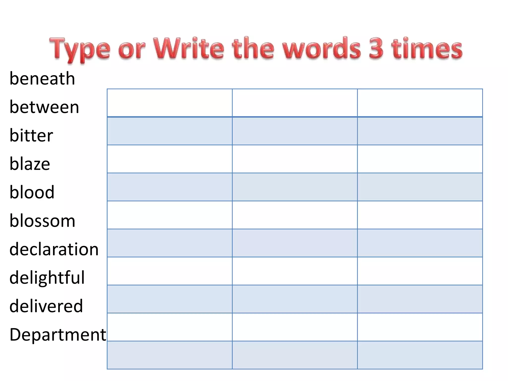 Type or Write the words 3 timesbeneathbetweenbitterblazebloodblossomdeclarationdelightfuldeliveredDepartment