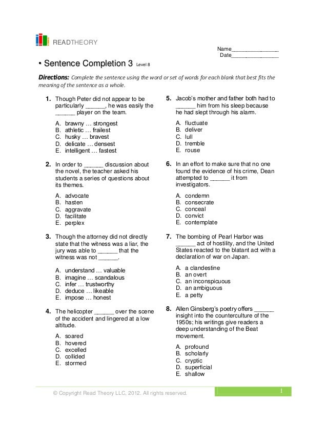 Printables Read Theory Llc level 8 sentence completion 3 copyright read theory llc 2012 all rights reserved 1 readtheory name date