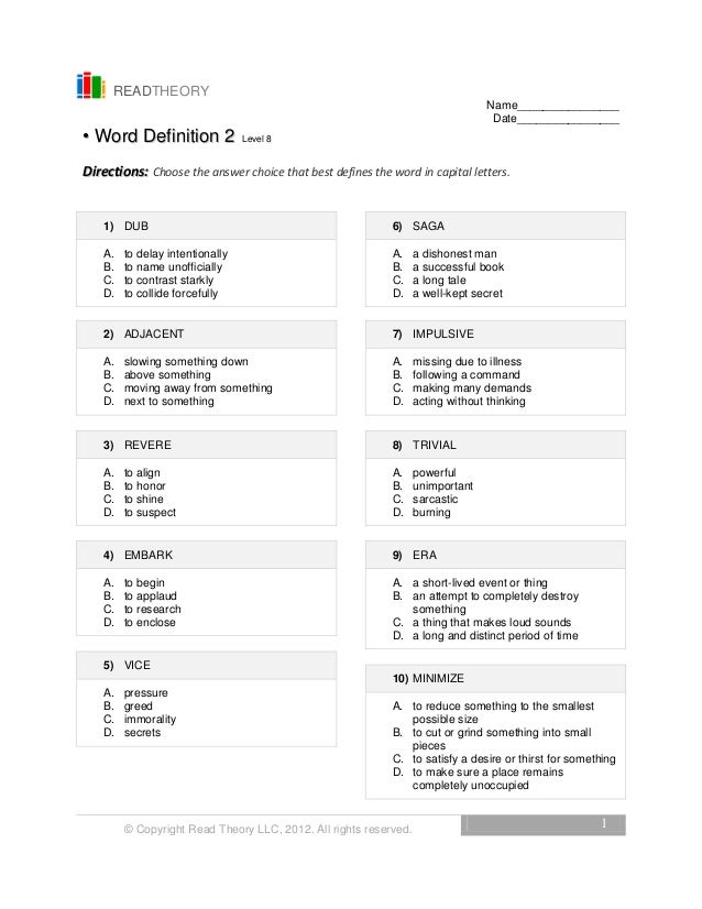 Printables Read Theory Llc level 8 word definition 2 copyright read theory llc 2012 all rights reserved 1 readtheory name date