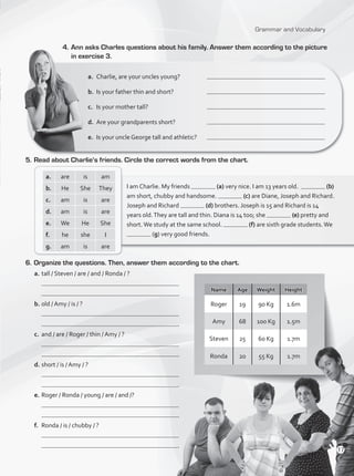 Grammar and Vocabulary
4.	Ann asks Charles questions about his family. Answer them according to the picture
in exercise 3.
5.	Read about Charlie’s friends. Circle the correct words from the chart.
6.	Organize the questions. Then, answer them according to the chart.
Name Age Weight Height
Roger 19 90 Kg 1.6m
Amy 68 100 Kg 1.5m
Steven 25 60 Kg 1.7m
Ronda 20 55 Kg 1.7m
a. are is am
b. He She They
c. am is are
d. am is are
e. We He She
f. he she I
g. am is are
a.	 Charlie, are your uncles young?
b.	 Is your father thin and short?
c.	 Is your mother tall?
d.	 Are your grandparents short?
e.	 Is your uncle George tall and athletic?
I am Charlie. My friends (a) very nice. I am 13 years old. (b)
am short, chubby and handsome. (c) are Diane, Joseph and Richard.
Joseph and Richard (d) brothers. Joseph is 15 and Richard is 14
years old.They are tall and thin. Diana is 14 too; she (e) pretty and
short.We study at the same school. (f) are sixth grade students.We
(g) very good friends.
a.	tall / Steven / are / and / Ronda / ?
	
	 .
b.	old / Amy / is / ?
	
	 .
c.	 and / are / Roger / thin / Amy / ?
	
	 .
d.	short / is / Amy / ?
	
	 .
e.	Roger / Ronda / young / are / and /?
	
	 .
f.	 Ronda / is / chubby / ?
	
	 .
17
VP1_WB_UNIT_2 MariaCe.indd 17 15/03/2016 08:59:00 a.m.
 