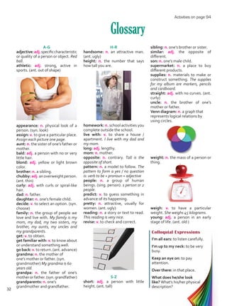 Glossary
Colloquial Expressions
I’m all ears: to listen carefully.
I’m up to my neck: to be very
busy.
Keep an eye on: to pay
attention.
Over there: in that place.
What does he/she look
like? What’s his/her physical
description?
A-G
adjective:adj.specificcharacteristic
or quality of a person or object. Red
ball.
athletic: adj. strong, active in
sports. (ant. out of shape)
appearance: n. physical look of a
person. (syn. look)
assign: v. to give a particular place.
Assign each picture one page.
aunt: n. the sister of one’s father or
mother.
bald: adj. a person with no or very
little hair.
blond: adj. yellow or light brown
color.
brother: n. a sibling.
chubby:adj.anoverweightperson.
(ant. thin)
curly: adj. with curls or spiral-like
hair.
dad: n. father.
daughter: n. one’s female child.
decide: v. to select an option. (syn.
choose)
family: n. the group of people we
love and live with. My family is my
mom, my dad, my two sisters, my
brother, my aunts, my uncles and
my grandparents.
get: v. to obtain.
get familiar with: v. to know about
or understand something well.
go back: v. to return. (ant. advance)
grandma: n. the mother of
one’s mother or father. (syn.
grandmother) My grandma is 60
years old.
grandpa: n. the father of one’s
motherorfather.(syn.grandfather)
grandparents: n. one’s
grandmother and grandfather.
H-R
handsome: n. an attractive man.
(ant. ugly)
height: n. the number that says
how tall you are.
homework: n. school activities you
complete outside the school.
live with: v. to share a house /
apartment. I live with my dad and
my mom.
long: adj. lengthy.
mom: n. mother.
opposite: n. contrary. Tall is the
opposite of short.
pattern: n. a model to follow. The
pattern to form a yes / no question
is: verb to be + pronoun + adjective
people: n. a group of human
beings. (sing. person). 1 person or 2
people.
predict: v. to guess something in
advance of its happening.
pretty: n. attractive, usually for
women. (ant. ugly)
reading: n. a story or text to read.
This reading is very nice.
revise: v. to check and correct.
S-Z
short: adj. a person with little
height. (ant. tall)
sibling: n. one’s brother or sister.
similar: adj. the opposite of
different.
son: n. one’s male child.
supermarket: n. a place to buy
different products.
supplies: n. materials to make or
construct something. The supplies
for my album are markers, pencils
and cardboard.
straight: adj. with no curves. (ant.
curly)
uncle: n. the brother of one’s
mother or father.
Venn diagram: n. a graph that
represents logical relations by
using circles.
weight: n. the mass of a person or
thing.
weigh: v. to have a particular
weight. She weighs 45 kilograms.
young: adj. a person in an early
stage of life. (ant. old )
Activities on page 94
32
Unidad 2.indd 32 10/03/2016 10:59:19 a.m.
 