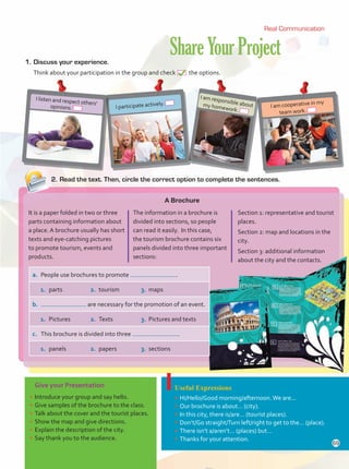 ShareYourProject
1.	Discuss your experience.
	 Think about your participation in the group and check the options.
2.	Read the text. Then, circle the correct option to complete the sentences.
Useful Expressions
•	Hi/Hello/Good morning/afternoon.We are...
•	Our brochure is about… (city).
•	In this city, there is/are… (tourist places).
•	Don’t/Go straight/Turn left/right to get to the… (place).
•	There isn’t a/aren’t… (places) but…
•	Thanks for your attention.
Give your Presentation
•	Introduce your group and say hello.
•	Give samples of the brochure to the class.
•	Talk about the cover and the tourist places.
•	Show the map and give directions.
•	Explain the description of the city.
•	Say thank you to the audience.
Real Communication
a.	 People use brochures to promote .
1.	 parts	 2.	tourism	 3.	maps
b.	 are necessary for the promotion of an event.
1.	 Pictures	 2.	Texts	 3.	 Pictures and texts
c.	 This brochure is divided into three .
1.	 panels	 2.	papers	 3.	sections
A Brochure
It is a paper folded in two or three
parts containing information about
a place. A brochure usually has short
texts and eye-catching pictures
to promote tourism, events and
products.
The information in a brochure is
divided into sections, so people
can read it easily. In this case,
the tourism brochure contains six
panels divided into three important
sections:
Section 1: representative and tourist
places.
Section 2: map and locations in the
city.
Section 3: additional information
about the city and the contacts.
I listen and respect others’
opinions.
I am responsible about
my homework.
I participate actively. I am cooperative in my
team work.
69
Unidad 5.indd 69 10/03/2016 11:07:29 a.m.
 