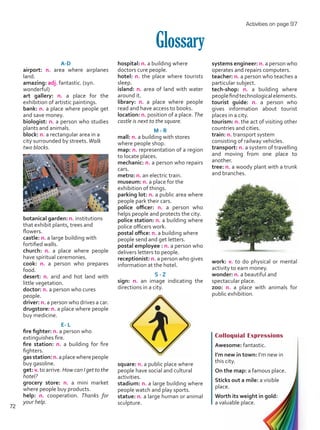 A-D
airport: n. area where airplanes
land.
amazing: adj. fantastic. (syn.
wonderful)
art gallery: n. a place for the
exhibition of artistic paintings.
bank: n. a place where people get
and save money.
biologist: n. a person who studies
plants and animals.
block: n. a rectangular area in a
city surrounded by streets.Walk
two blocks.
botanical garden: n. institutions
that exhibit plants, trees and
flowers.
castle: n. a large building with
fortified walls.
church: n. a place where people
have spiritual ceremonies.
cook: n. a person who prepares
food.
desert: n. arid and hot land with
little vegetation.
doctor: n. a person who cures
people.
driver: n. a person who drives a car.
drugstore: n. a place where people
buy medicine.
E- L
fire fighter: n. a person who
extinguishes fire.
fire station: n. a building for fire
fighters.
gasstation:n.aplacewherepeople
buy gasoline.
get: v. to arrive. How can I get to the
hotel?
grocery store: n. a mini market
where people buy products.
help: n. cooperation. Thanks for
your help.
hospital: n. a building where
doctors cure people.
hotel: n. the place where tourists
sleep.
island: n. area of land with water
around it.
library: n. a place where people
read and have access to books.
location: n. position of a place. The
castle is next to the square.
M - R
mall: n. a building with stores
where people shop.
map: n. representation of a region
to locate places.
mechanic: n. a person who repairs
cars.
metro: n. an electric train.
museum: n. a place for the
exhibition of things.
parking lot: n. a public area where
people park their cars.
police officer: n. a person who
helps people and protects the city.
police station: n. a building where
police officers work.
postal office: n. a building where
people send and get letters.
postal employee : n. a person who
delivers letters to people.
receptionist: n. a person who gives
information at the hotel.
S - Z
sign: n. an image indicating the
directions in a city.
square: n. a public place where
people have social and cultural
activities.
stadium: n. a large building where
people watch and play sports.
statue: n. a large human or animal
sculpture.
systems engineer: n. a person who
operates and repairs computers.
teacher: n. a person who teaches a
particular subject.
tech-shop: n. a building where
peoplefindtechnologicalelements.
tourist guide: n. a person who
gives information about tourist
places in a city.
tourism: n. the act of visiting other
countries and cities.
train: n. transport system
consisting of railway vehicles.
transport: n. a system of travelling
and moving from one place to
another.
tree: n. a woody plant with a trunk
and branches.
work: v. to do physical or mental
activity to earn money.
wonder: n. a beautiful and
spectacular place.
zoo: n. a place with animals for
public exhibition.
Glossary
Colloquial Expressions
Awesome: fantastic.
I’m new in town: I’m new in
this city.
On the map: a famous place.
Sticks out a mile: a visible
place.
Worth its weight in gold:
a valuable place.
Activities on page 97
72
Unidad 5.indd 72 10/03/2016 11:07:32 a.m.
 