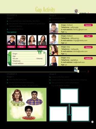 GapActivity Unit  1
Stage 2
1.	 Choose an identity.
2.	 Answer your partner’s questions.
Origin: Holland
Telephone: 328574999
E-mail address: henk14@epal.com
Age: 14
Origin: Holland
Telephone: 3685492745
E-mail address: ringo@netsky.com
Age: 30
Origin: Italy
Telephone: 713695489
E-mail address: donita@yoole.com
Age: 14
Origin: Italy
Telephone: 793638101
E-mail address: isa@zmail.com
Age: 40
Stage 2
1.	 Listen to the description.
2.	 Locate and draw each family member in the tree.
3.	 Ask questions to confirm information.
	E.g. Is the father chubby?
STUDENT A
Stage 1
1.	 Your partner has a new identity. Identify it.
2.	 Ask personal information questions to guess your
	 partner’s identity.
3.	 Complete the form.
Your partner
STUDENT A
Stage 1
1.	 Describe the family tree.
2.	 Answer questions when necessary.
	E.g. The father is chubby. His hair is curly…
Andrew Catalina
Marcela
Brian
Origin:
Age:
You are ! (Name)
Telephone:
E-mail address:
Henrick
Isabella
Donna
Paul
Unit  2
87
GapActivity.indd 87 10/03/2016 11:14:39 a.m.
 