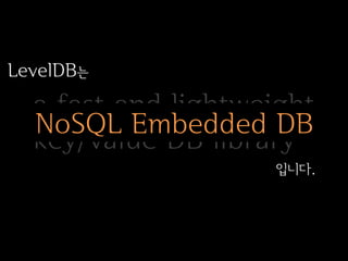 LevelDB는
  a fast and lightweight
  NoSQL Embedded DB
  key/value DB library
                    입니다.
 