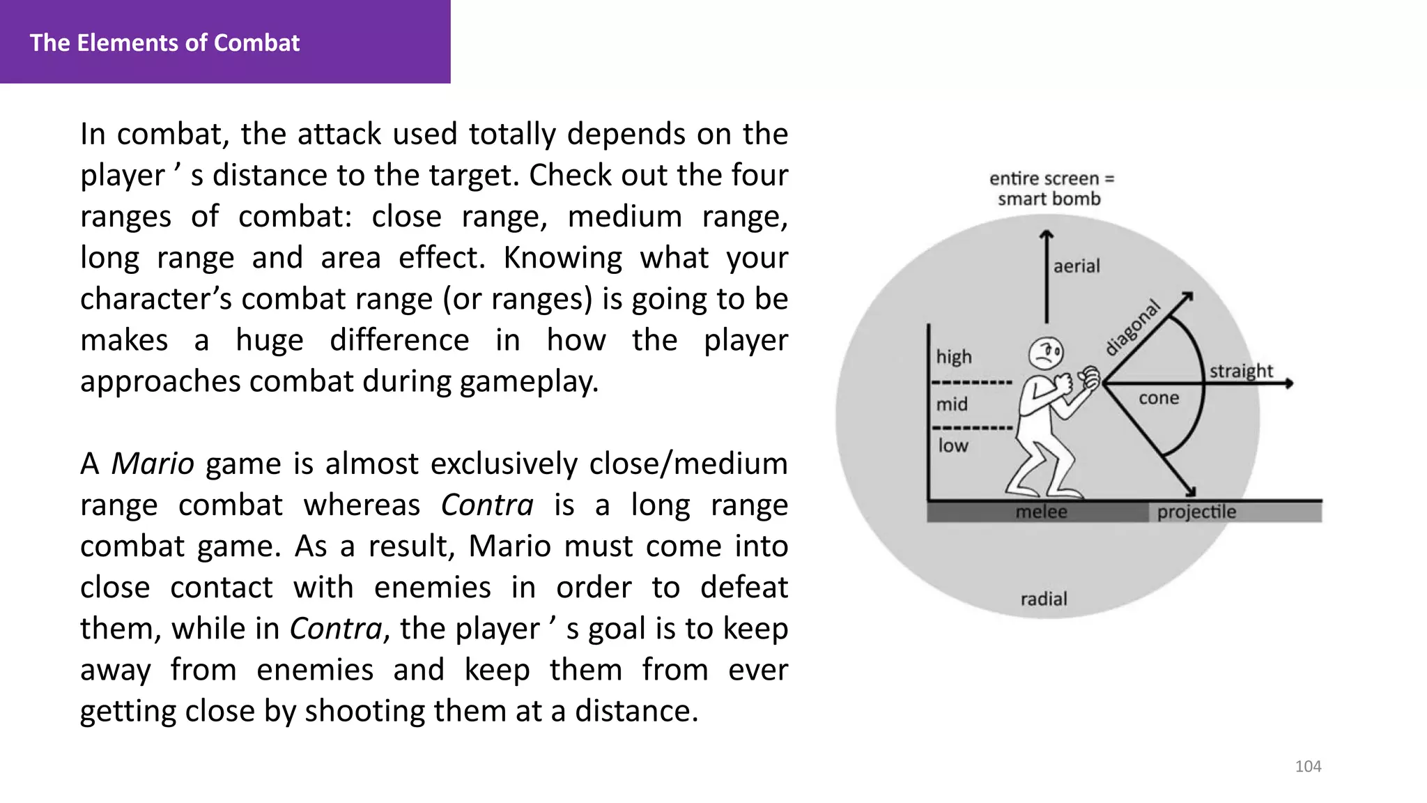104
1. Lecture
In combat, the attack used totally depends on the
player ’ s distance to the target. Check out the four
ranges of combat: close range, medium range,
long range and area effect. Knowing what your
character’s combat range (or ranges) is going to be
makes a huge difference in how the player
approaches combat during gameplay.
A Mario game is almost exclusively close/medium
range combat whereas Contra is a long range
combat game. As a result, Mario must come into
close contact with enemies in order to defeat
them, while in Contra, the player ’ s goal is to keep
away from enemies and keep them from ever
getting close by shooting them at a distance.
The Elements of Combat
 