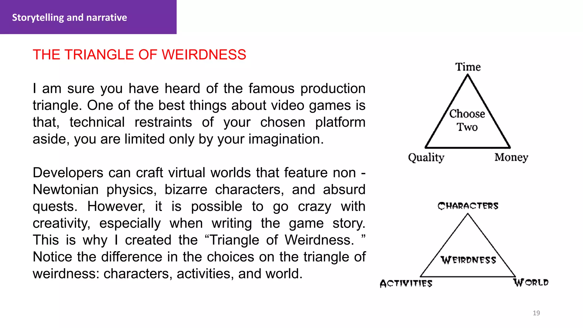 Storytelling and narrative
19
1. Lecture
THE TRIANGLE OF WEIRDNESS
I am sure you have heard of the famous production
triangle. One of the best things about video games is
that, technical restraints of your chosen platform
aside, you are limited only by your imagination.
Developers can craft virtual worlds that feature non -
Newtonian physics, bizarre characters, and absurd
quests. However, it is possible to go crazy with
creativity, especially when writing the game story.
This is why I created the “Triangle of Weirdness. ”
Notice the difference in the choices on the triangle of
weirdness: characters, activities, and world.
 
