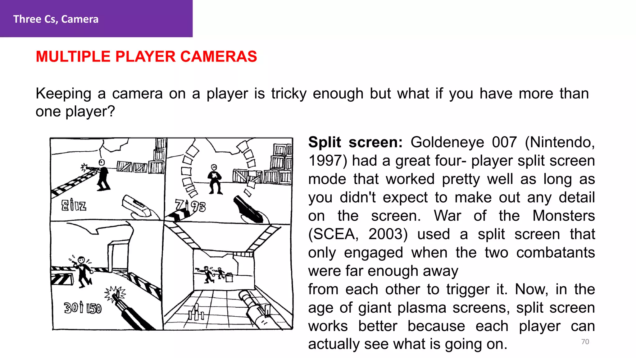 Three Cs, Camera
70
1. Lecture
Split screen: Goldeneye 007 (Nintendo,
1997) had a great four- player split screen
mode that worked pretty well as long as
you didn't expect to make out any detail
on the screen. War of the Monsters
(SCEA, 2003) used a split screen that
only engaged when the two combatants
were far enough away
from each other to trigger it. Now, in the
age of giant plasma screens, split screen
works better because each player can
actually see what is going on.
MULTIPLE PLAYER CAMERAS
Keeping a camera on a player is tricky enough but what if you have more than
one player?
 