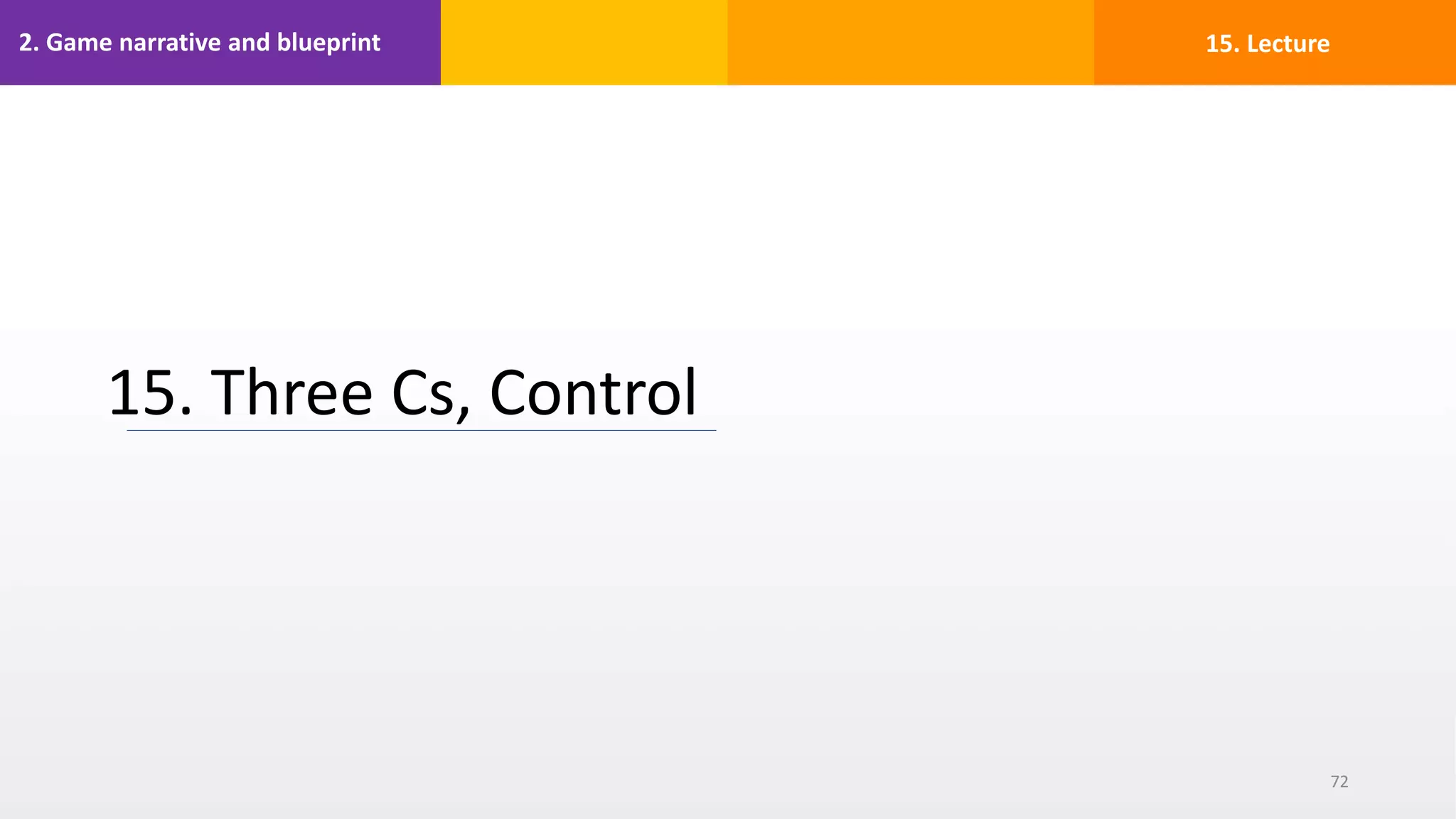 2. Game narrative and blueprint
15. Three Cs, Control
72
15. Lecture
 