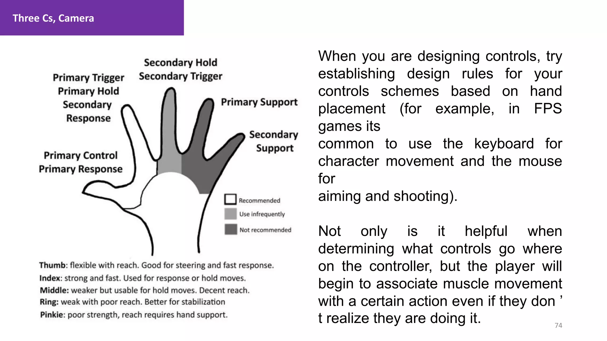 Three Cs, Camera
74
1. Lecture
When you are designing controls, try
establishing design rules for your
controls schemes based on hand
placement (for example, in FPS
games its
common to use the keyboard for
character movement and the mouse
for
aiming and shooting).
Not only is it helpful when
determining what controls go where
on the controller, but the player will
begin to associate muscle movement
with a certain action even if they don ’
t realize they are doing it.
 