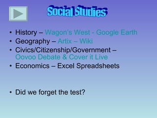 History –  Wagon’s West - Google Earth Geography –  Artix – Wiki  Civics/Citizenship/Government – Oovoo Debate & Cover it Live  Economics – Excel Spreadsheets  Did we forget the test?  Social Studies 