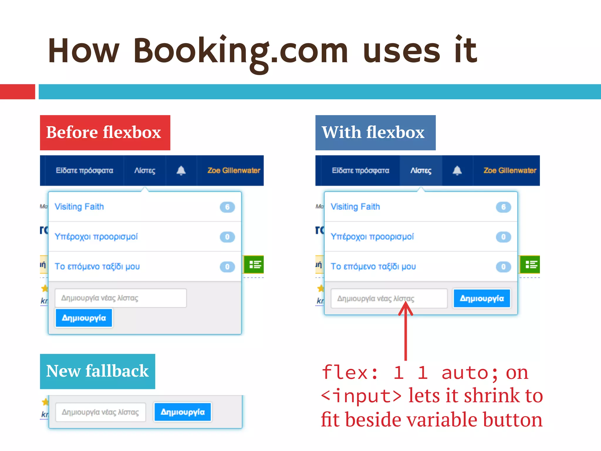 How Booking.com uses it
Before ﬂexbox With ﬂexbox
flex: 1 1 auto; on
<input> lets it shrink to
ﬁt beside variable button
New fallback
 