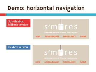 Demo: horizontal navigation
Non-ﬂexbox
fallback version
Flexbox version
 