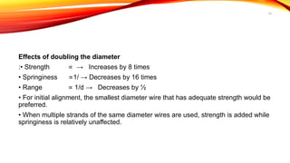 14
Effects of doubling the diameter
:• Strength ∝ → Increases by 8 times
• Springiness ∝1/ → Decreases by 16 times
• Range ∝ 1/d → Decreases by ½
• For initial alignment, the smallest diameter wire that has adequate strength would be
preferred.
• When multiple strands of the same diameter wires are used, strength is added while
springiness is relatively unaffected.
 