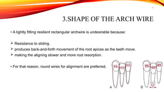 15
3.SHAPE OF THE ARCH WIRE
• A tightly fitting resilient rectangular archwire is undesirable because:
 Resistance to sliding.
 produces back-and-forth movement of the root apices as the teeth move.
 making the aligning slower and more root resorption.
• For that reason, round wires for alignment are preferred.
 