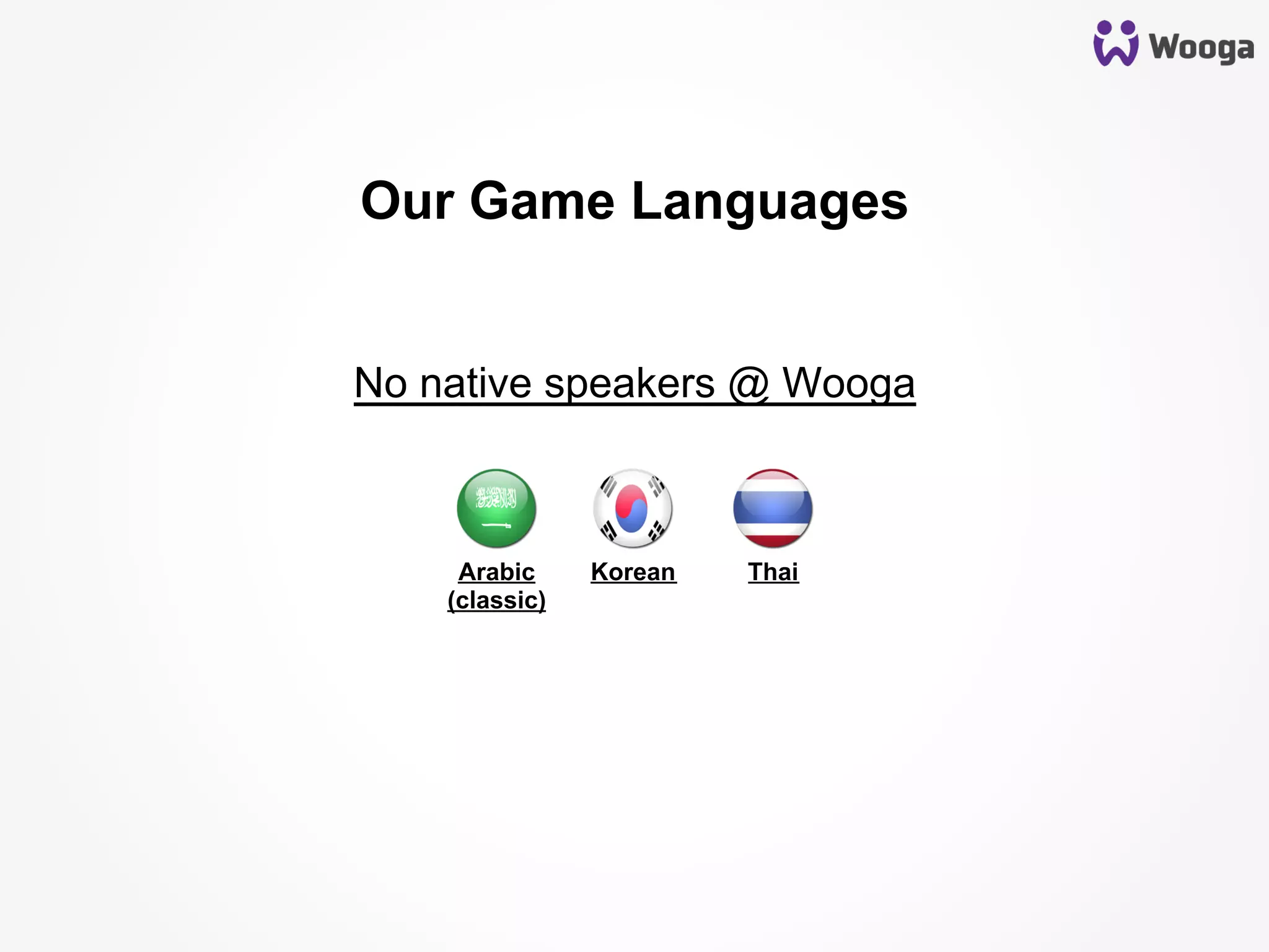 Our Game Languages
No native speakers @ Wooga
Arabic
(classic)
Korean Thai
 