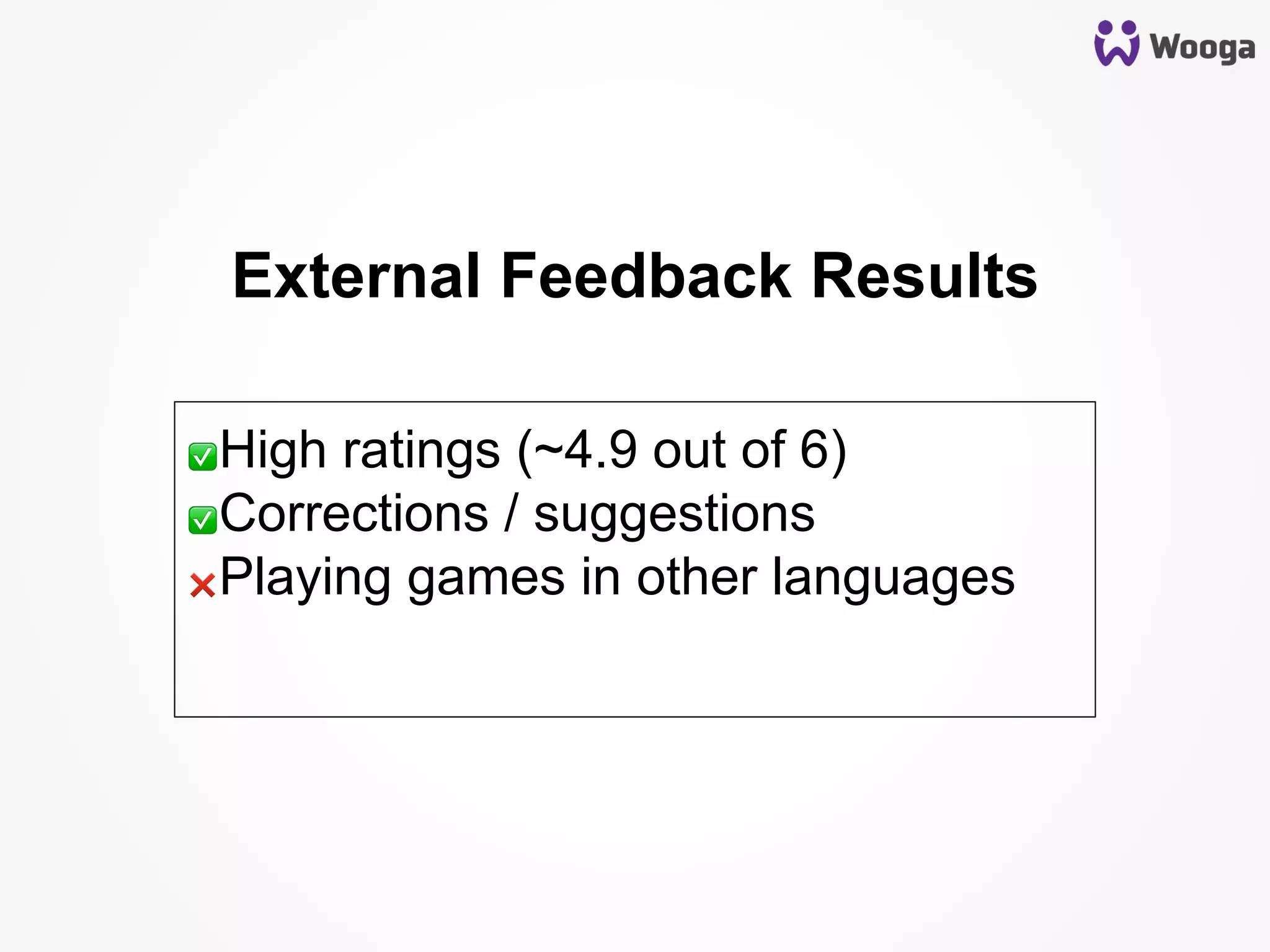 External Feedback Results
✅ High ratings (~4.9 out of 6)
✅ Corrections / suggestions
❌ Playing games in other languages
 
