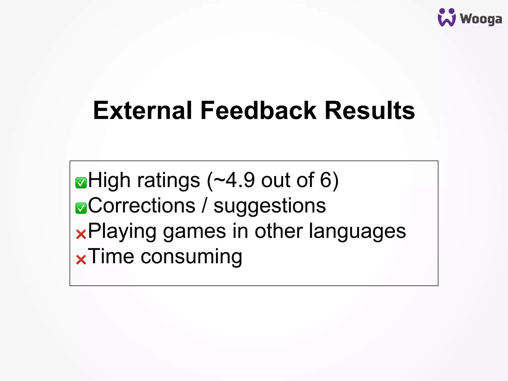 External Feedback Results
✅ High ratings (~4.9 out of 6)
✅ Corrections / suggestions
❌ Playing games in other languages
❌ Time consuming
 