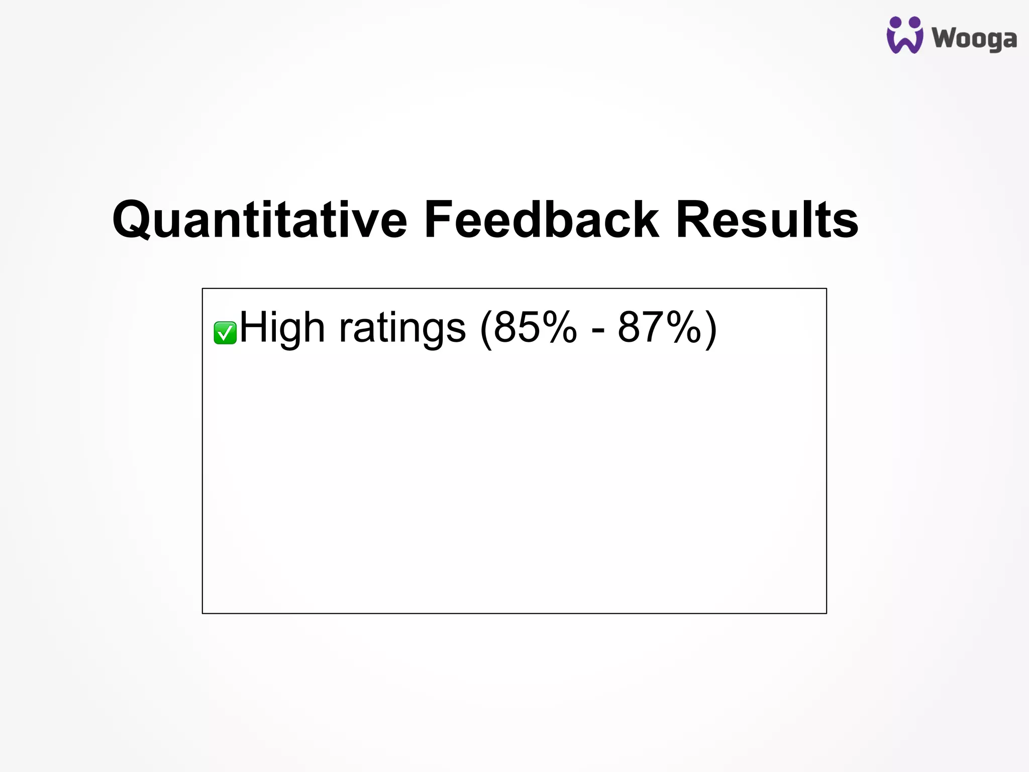 Quantitative Feedback Results
✅ High ratings (85% - 87%)
 
