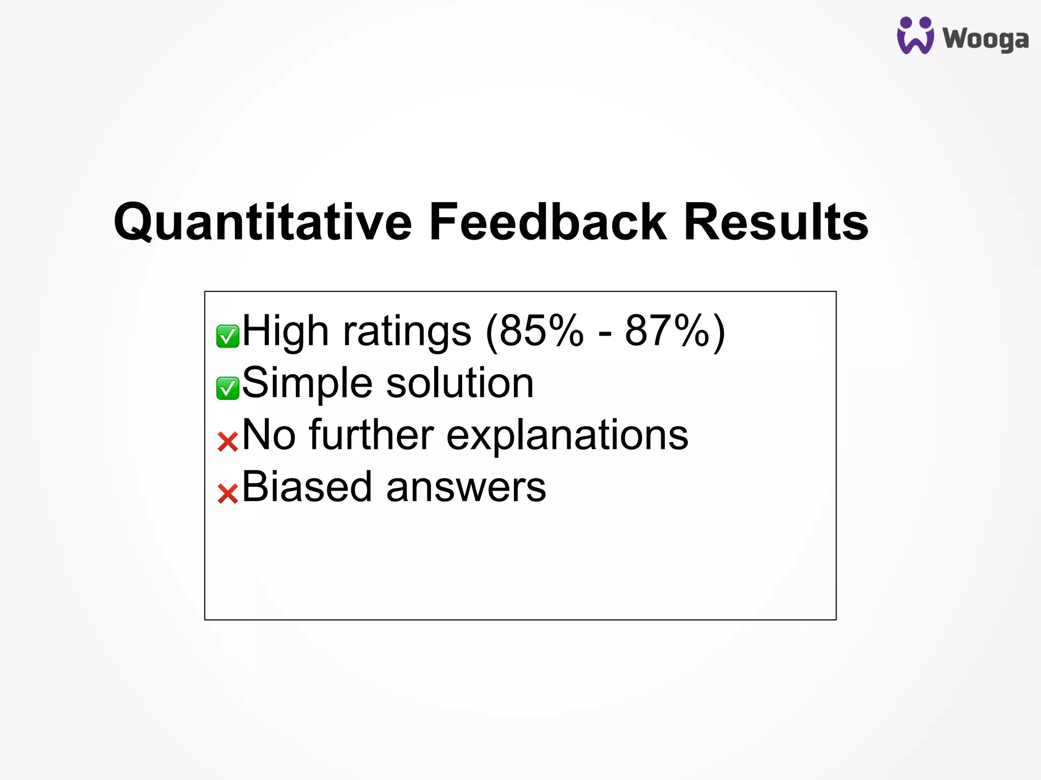 Quantitative Feedback Results
✅ High ratings (85% - 87%)
✅ Simple solution
❌ No further explanations
❌ Biased answers
 
