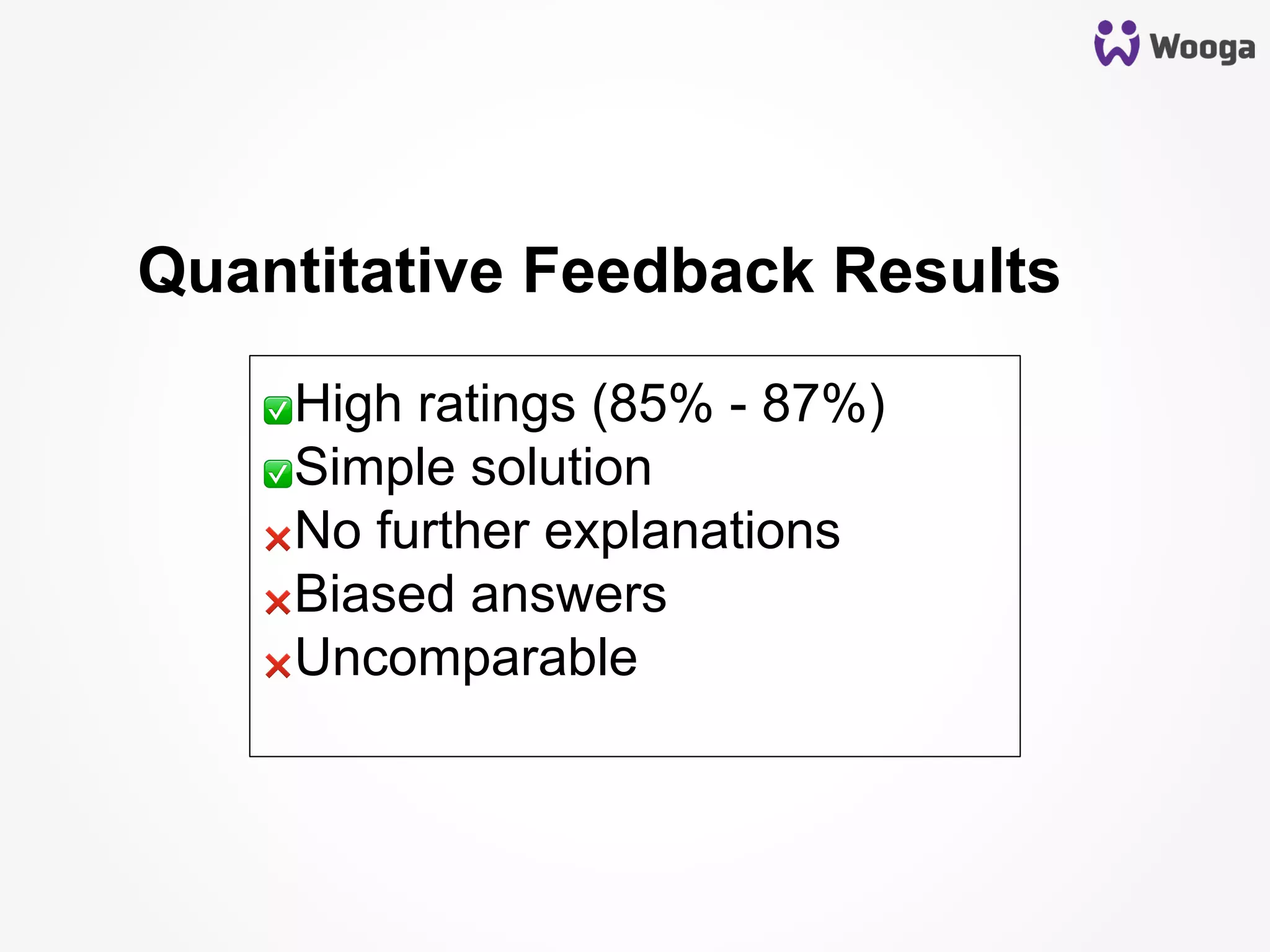 Quantitative Feedback Results
✅ High ratings (85% - 87%)
✅ Simple solution
❌ No further explanations
❌ Biased answers
❌ Uncomparable
 