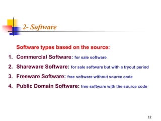 2- Software

   Software types based on the source:
1. Commercial Software: for sale software
2. Shareware Software: for sale software but with a tryout period
3. Freeware Software: free software without source code
4. Public Domain Software: free software with the source code




                                                                12
 