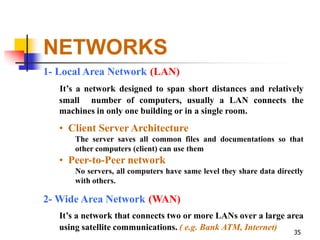 NETWORKS
1- Local Area Network (LAN)
   It’s a network designed to span short distances and relatively
   small number of computers, usually a LAN connects the
   machines in only one building or in a single room.
   • Client Server Architecture
       The server saves all common files and documentations so that
       other computers (client) can use them
   • Peer-to-Peer network
       No servers, all computers have same level they share data directly
       with others.

2- Wide Area Network (WAN)
   It’s a network that connects two or more LANs over a large area
   using satellite communications. ( e.g. Bank ATM, Internet)
                                                                      35
 