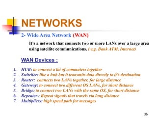 NETWORKS
     2- Wide Area Network (WAN)
         It’s a network that connects two or more LANs over a large area
         using satellite communications. ( e.g. Bank ATM, Internet)

     WAN Devices :
1.   HUB: to connect a lot of commuters together
2.   Switcher: like a hub but it transmits data directly to it’s destination
3.   Router: connects two LANs together, for large distance
4.   Gateway: to connect two different OS LANs, for short distance
5.   Bridge: to connect two LANs with the same OS, for short distance
6.   Repeater : Repeat signals that travels via long distance
7.   Multipliers: high speed path for messages

                                                                               36
 