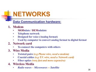 NETWORKS
   Data Communication hardware:
1. Modem
   •   MODulate / DEModulate
   •   Telephone network
   •   Designed for voice (Analog format)
   •   Used by computer to convert analog format to digital format
2. Network card
   •   To connect the computers with others
3. Wire Media
   •   Twisted pairs (e.g Phone wire, need a modem)
   •   Coaxial cables (e.g T.V. wire, need a Network card)
   •   Fiber optics (very fast and more expensive)
4. Wireless Media
   •   Radio waves – Microwaves -- Satellite
                                                                     39
 