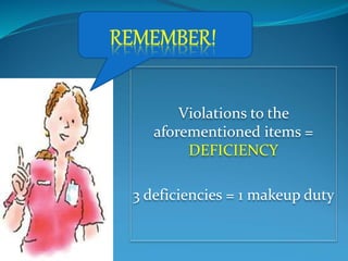 Violations to the
aforementioned items =
DEFICIENCY
3 deficiencies = 1 makeup duty
 
