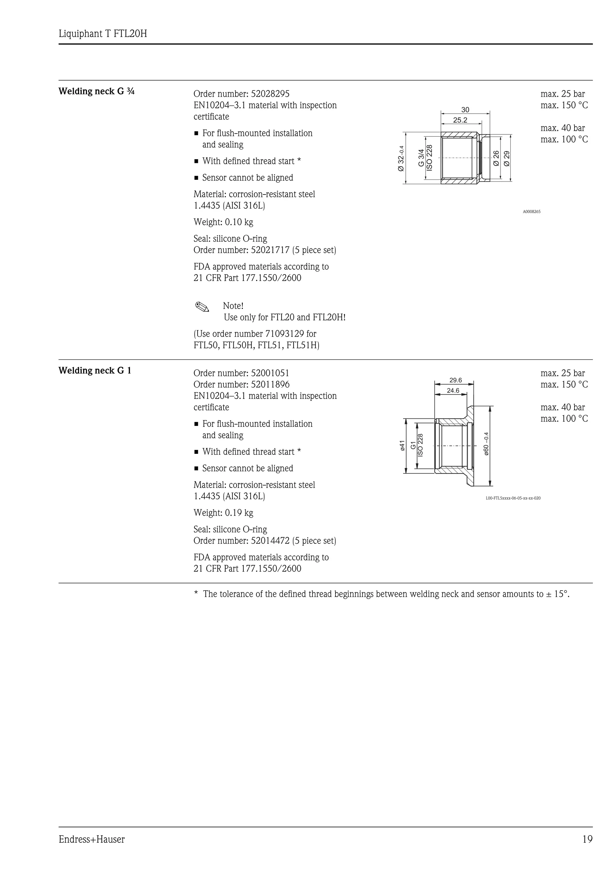 Liquiphant T FTL20H
Endress+Hauser 19
Welding neck G ¾
Welding neck G 1
* The tolerance of the defined thread beginnings between welding neck and sensor amounts to ± 15°.
Order number: 52028295
EN10204–3.1 material with inspection
certificate
• For flush-mounted installation
and sealing
• With defined thread start *
• Sensor cannot be aligned
Material: corrosion-resistant steel
1.4435 (AISI 316L)
Weight: 0.10 kg
Seal: silicone O-ring
Order number: 52021717 (5 piece set)
FDA approved materials according to
21 CFR Part 177.1550/2600
! Note!
Use only for FTL20 and FTL20H!
(Use order number 71093129 for
FTL50, FTL50H, FTL51, FTL51H)
A0008265
max. 25 bar
max. 150 °C
max. 40 bar
max. 100 °C
Ø26
25.2
Ø29
30
G3/4
ISO228
Ø320.4–
Order number: 52001051
Order number: 52011896
EN10204–3.1 material with inspection
certificate
• For flush-mounted installation
and sealing
• With defined thread start *
• Sensor cannot be aligned
Material: corrosion-resistant steel
1.4435 (AISI 316L)
Weight: 0.19 kg
Seal: silicone O-ring
Order number: 52014472 (5 piece set)
FDA approved materials according to
21 CFR Part 177.1550/2600
L00-FTL5xxxx-06-05-xx-xx-020
max. 25 bar
max. 150 °C
max. 40 bar
max. 100 °C
ø60–0.4
24.6
29.6
ø41
G1
ISO228
 