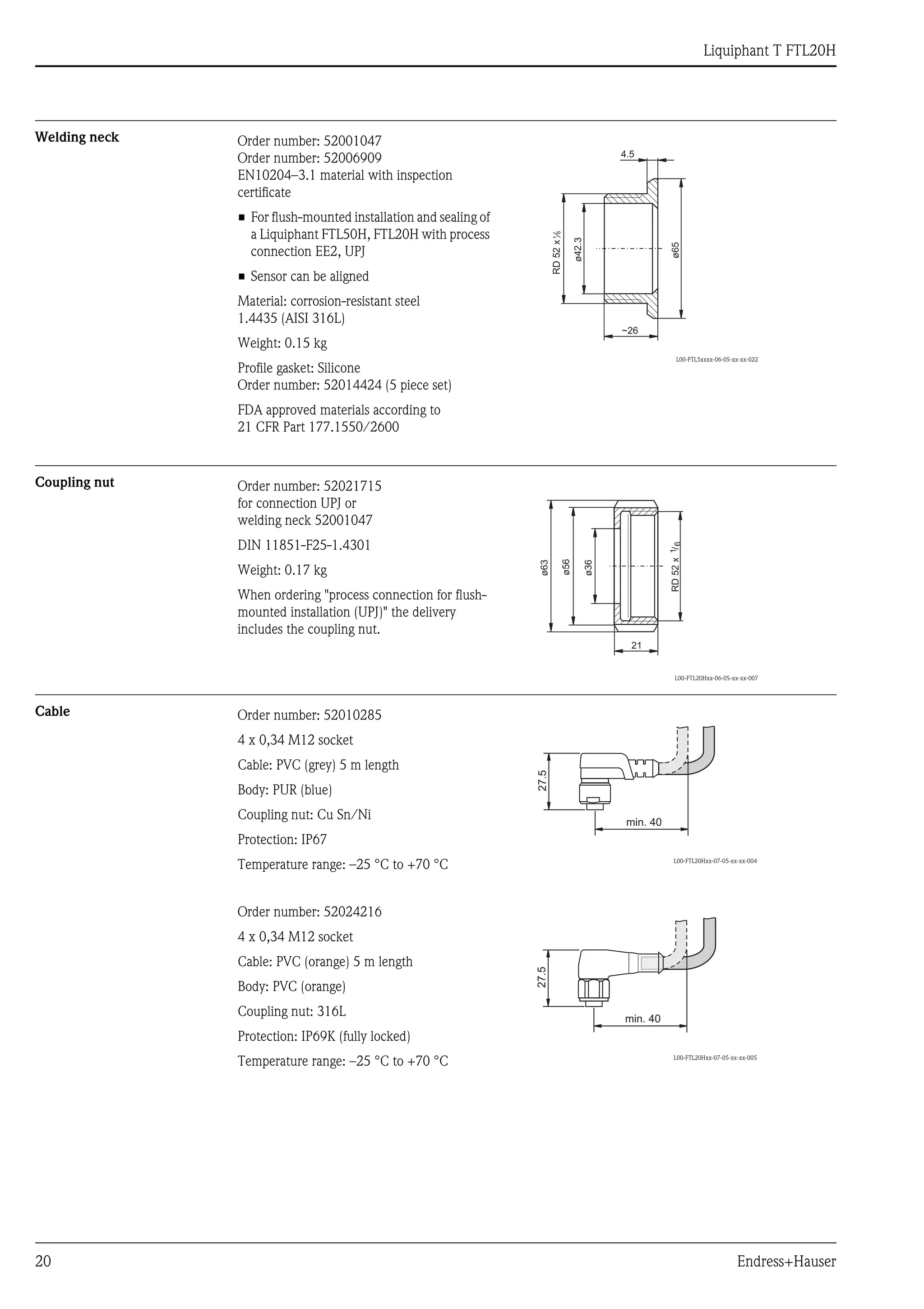 Liquiphant T FTL20H
20 Endress+Hauser
Welding neck
Coupling nut
Cable
Order number: 52001047
Order number: 52006909
EN10204–3.1 material with inspection
certificate
• For flush-mounted installation and sealing of
a Liquiphant FTL50H, FTL20H with process
connection EE2, UPJ
• Sensor can be aligned
Material: corrosion-resistant steel
1.4435 (AISI 316L)
Weight: 0.15 kg
Profile gasket: Silicone
Order number: 52014424 (5 piece set)
FDA approved materials according to
21 CFR Part 177.1550/2600
L00-FTL5xxxx-06-05-xx-xx-022
4.5
~26
RD52x
ø42.3
ø65
1
6
Order number: 52021715
for connection UPJ or
welding neck 52001047
DIN 11851-F25-1.4301
Weight: 0.17 kg
When ordering "process connection for flush-
mounted installation (UPJ)" the delivery
includes the coupling nut.
L00-FTL20Hxx-06-05-xx-xx-007
21
ø56
RD52x/1
6
ø36
ø63
Order number: 52010285
4 x 0,34 M12 socket
Cable: PVC (grey) 5 m length
Body: PUR (blue)
Coupling nut: Cu Sn/Ni
Protection: IP67
Temperature range: –25 °C to +70 °C L00-FTL20Hxx-07-05-xx-xx-004
Order number: 52024216
4 x 0,34 M12 socket
Cable: PVC (orange) 5 m length
Body: PVC (orange)
Coupling nut: 316L
Protection: IP69K (fully locked)
Temperature range: –25 °C to +70 °C L00-FTL20Hxx-07-05-xx-xx-005
27.5
min. 40
27.5
min. 40
 