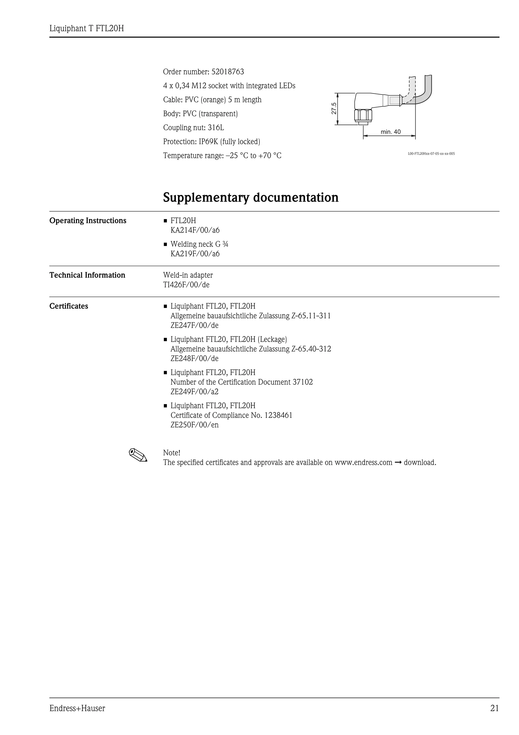 Liquiphant T FTL20H
Endress+Hauser 21
Supplementary documentation
Operating Instructions • FTL20H
KA214F/00/a6
• Welding neck G ¾
KA219F/00/a6
Technical Information Weld-in adapter
TI426F/00/de
Certificates • Liquiphant FTL20, FTL20H
Allgemeine bauaufsichtliche Zulassung Z-65.11-311
ZE247F/00/de
• Liquiphant FTL20, FTL20H (Leckage)
Allgemeine bauaufsichtliche Zulassung Z-65.40-312
ZE248F/00/de
• Liquiphant FTL20, FTL20H
Number of the Certification Document 37102
ZE249F/00/a2
• Liquiphant FTL20, FTL20H
Certificate of Compliance No. 1238461
ZE250F/00/en
! Note!
The specified certificates and approvals are available on www.endress.com È download.
Order number: 52018763
4 x 0,34 M12 socket with integrated LEDs
Cable: PVC (orange) 5 m length
Body: PVC (transparent)
Coupling nut: 316L
Protection: IP69K (fully locked)
Temperature range: –25 °C to +70 °C L00-FTL20Hxx-07-05-xx-xx-005
27.5
min. 40
 
