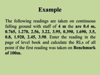 Example
The following readings are taken on continuous
falling ground with staff of 4 m the are 0.4 m,
0.765, 1.270, 2.56, 3.22, 3.95, 0.390, 1.690, 3.5,
0.8, 1.920, 2.45, 3.98. Enter the reading in the
page of level book and calculate the RLs of all
point if the first reading was taken on Benchmark
of 100m.
 