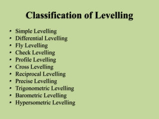 Classification of Levelling
• Simple Levelling
• Differential Levelling
• Fly Levelling
• Check Levelling
• Profile Levell...