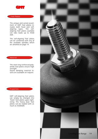 Foot Plates

The unique and varied assortment of GMT foot plates includes both fixed and selfaligning types. The selfaligning foot plates available
can take loads up to 4500
daN.
The self-aligning foot plates
can be combined with any of
the available spindles which
are detailed on page 14.

Material

The steel ring reinforced polyamide foot plates ensure high
strength.
Sound damping material inserts are available on request.

Properties

GMT self-aligning foot plates
can simply be changed into
‘fixed’ foot plates upon tightening. The ‘heavy duty’ foot
plates can be loaded with as
much as 4500daN.

Levelling Feet Range

19

 