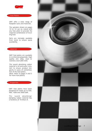 Foot Plates

GMT offer a wide range of
footplate sizes and materials.
The spindels shown on pages
10 to 14 can be mated with
any foot plate to provide the
required combination of levelling foot.
Parts are normally available
from stock to ensure quick
availability.

Material

GMT foot plates are available
in re-inforced polyamide, high
quality zinc alloy, steel or
stainless steel (AISI 304).
The sound absorbing rubber
material is oil and water resistant to ensure product longevity in cases of contamination of the foot plates.
(Note: Refer to pages 4 and 5
for more foot plates)

Properties

GMT foot plates have been
designed for loads up to 500,
900, 1000 and 3000 daN.
T he
soun d
absorbin g/
damping rubber material has
a hardness of 70 Shore A.

Levelling Feet Range
3

7

 