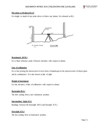 BQS MARCH INTAKE 2016 │FIELDWORK ONE │LEVELLING
Page | 5
Elevation or Reduced level
It is height or depth of any point above or below any datum. It is denoted as R.L.
Benchmark (B.M.)
It is a fixed reference point of known elevation with respect to datum.
Line of collimation
It is a line joining the intersection of cross hairs of diaphragm to the optical centre of object glass
and its continuation. It is also known as line of sight.
Height of instrument
It is the elevation of line of collimation with respect to datum.
Backsight (B.S.)
The first reading from a new instrument position.
Intermediate Sight (I.S.)
Readings between the backsight (B.S.) and foresight (F.S.)
Foresight (F.S.)
The last reading from an instrument position.
 