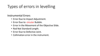Types of errors in levelling
Instrumental Errors
• Error Due to Impact Adjustment.
• Error Due to circular Bubble.
• Error in the Movement of the Objective Slide.
• Rod Not Standard Length.
• Error Due to Defective Joint.
• Collimation error in the instrument.
 