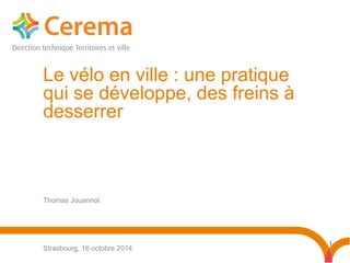 1
Thomas Jouannot
Strasbourg, 16 octobre 2014
Le vélo en ville : une pratique
qui se développe, des freins à
desserrer
 