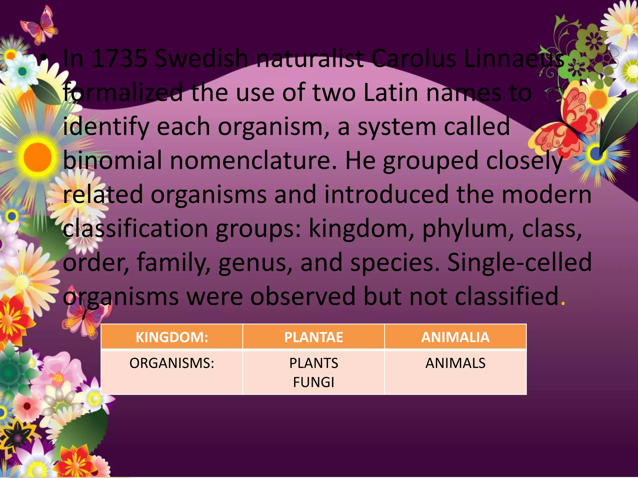 • In 1735 Swedish naturalist Carolus Linnaeus
  formalized the use of two Latin names to
  identify each organism, a system called
  binomial nomenclature. He grouped closely
  related organisms and introduced the modern
  classification groups: kingdom, phylum, class,
  order, family, genus, and species. Single-celled
  organisms were observed but not classified.
        KINGDOM:      PLANTAE     ANIMALIA
        ORGANISMS:    PLANTS      ANIMALS
                      FUNGI
 