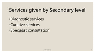 Services given by Secondary level
◦Diagnostic services
◦Curative services
◦Specialist consultation
ASTHA K. PATEL 15
 