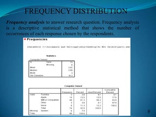 FREQUENCY DISTRIBUTION
Frequency analysis to answer research question. Frequency analysis
is a descriptive statistical method that shows the number of
occurrences of each response chosen by the respondents.
8
 