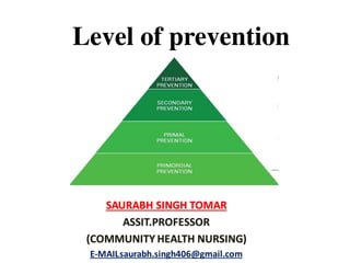 Level of prevention
SAURABH SINGH TOMAR
ASSIT.PROFESSOR
(COMMUNITY HEALTH NURSING)
E-MAIL-saurabh.singh406@gmail.com
 