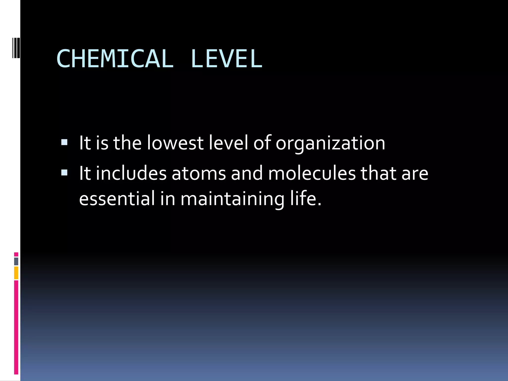 CHEMICAL LEVEL

 It is the lowest level of organization
 It includes atoms and molecules that are
  essential in maintaining life.
 