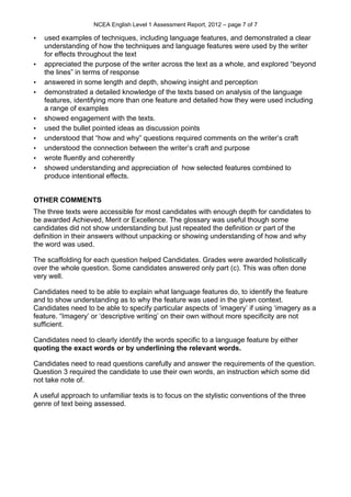 NCEA English Level 1 Assessment Report, 2012 – page 7 of 7
• used examples of techniques, including language features, and demonstrated a clear
understanding of how the techniques and language features were used by the writer
for effects throughout the text
• appreciated the purpose of the writer across the text as a whole, and explored “beyond
the lines” in terms of response
• answered in some length and depth, showing insight and perception
• demonstrated a detailed knowledge of the texts based on analysis of the language
features, identifying more than one feature and detailed how they were used including
a range of examples
• showed engagement with the texts.
• used the bullet pointed ideas as discussion points
• understood that “how and why” questions required comments on the writer’s craft
• understood the connection between the writer’s craft and purpose
• wrote fluently and coherently
• showed understanding and appreciation of how selected features combined to
produce intentional effects.
OTHER COMMENTS
The three texts were accessible for most candidates with enough depth for candidates to
be awarded Achieved, Merit or Excellence. The glossary was useful though some
candidates did not show understanding but just repeated the definition or part of the
definition in their answers without unpacking or showing understanding of how and why
the word was used.
The scaffolding for each question helped Candidates. Grades were awarded holistically
over the whole question. Some candidates answered only part (c). This was often done
very well.
Candidates need to be able to explain what language features do, to identify the feature
and to show understanding as to why the feature was used in the given context.
Candidates need to be able to specify particular aspects of ‘imagery’ if using ‘imagery as a
feature. “Imagery’ or ‘descriptive writing’ on their own without more specificity are not
sufficient.
Candidates need to clearly identify the words specific to a language feature by either
quoting the exact words or by underlining the relevant words.
Candidates need to read questions carefully and answer the requirements of the question.
Question 3 required the candidate to use their own words, an instruction which some did
not take note of.
A useful approach to unfamiliar texts is to focus on the stylistic conventions of the three
genre of text being assessed.
 