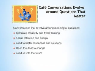 Caf é  Conversations Evolve  Around Questions That  Matter Conversations that revolve around meaningful questions:  Stimulate creativity and fresh thinking Focus attention and energy Lead to better responses and solutions Open the door to change Lead us into the future Nancy Margulies 