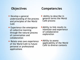 Objectives  Competencies   Develop a general understanding of the process and principles of the World Caf é   Experience the emergence of collective learning through the natural process of conversation and collaboration  Relate ones own experience of the World Caf é  to future personal or professional applications Ability to describe in general terms the World Caf é  process Ability to link results to intention and experience of collaborative exploration Ability to assess applicability of the World Caf é  to diverse contexts 