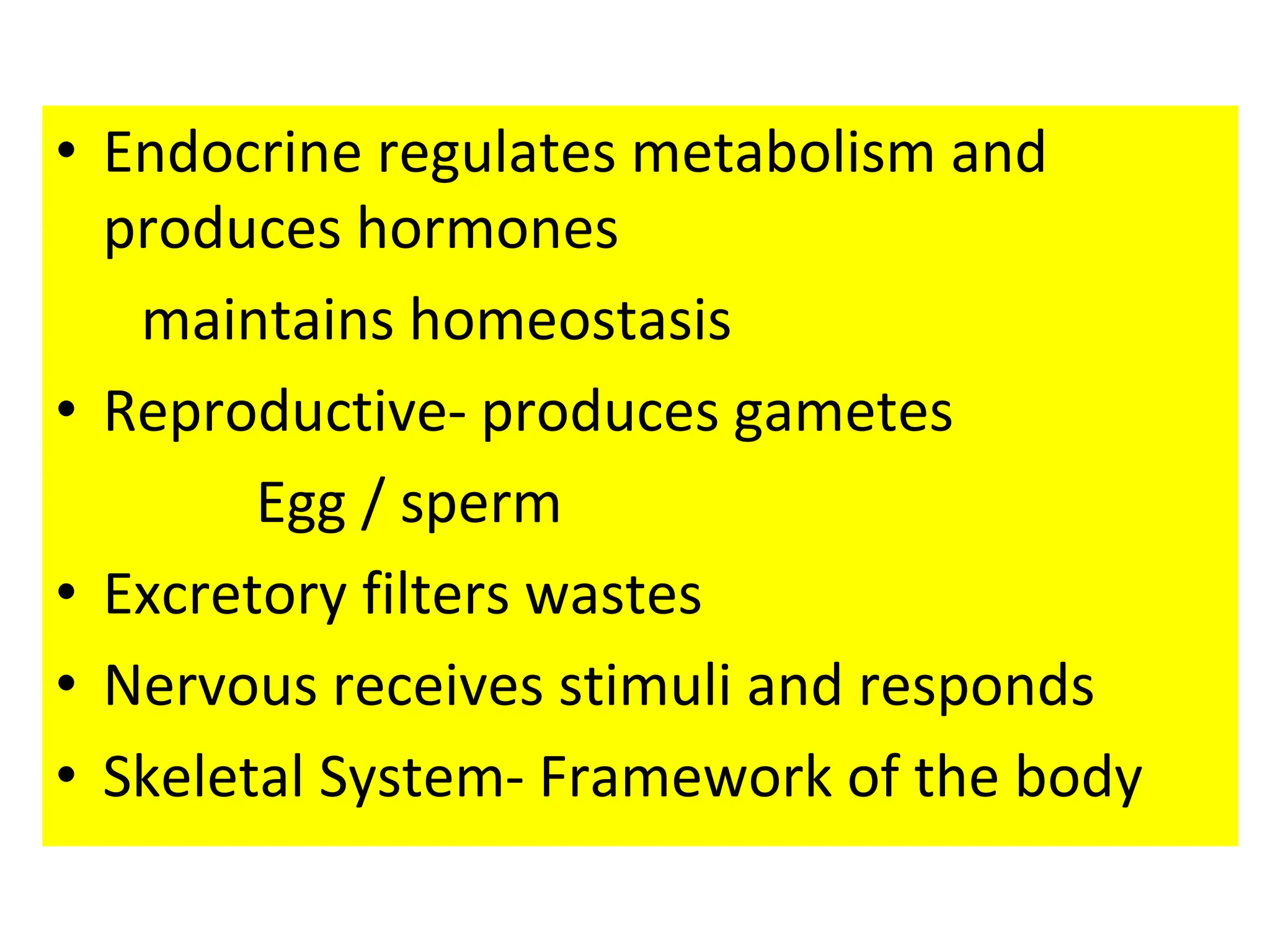 • Endocrine regulates metabolism and
produces hormones
maintains homeostasis
• Reproductive- produces gametes
Egg / sperm
• Excretory filters wastes
• Nervous receives stimuli and responds
• Skeletal System- Framework of the body
 